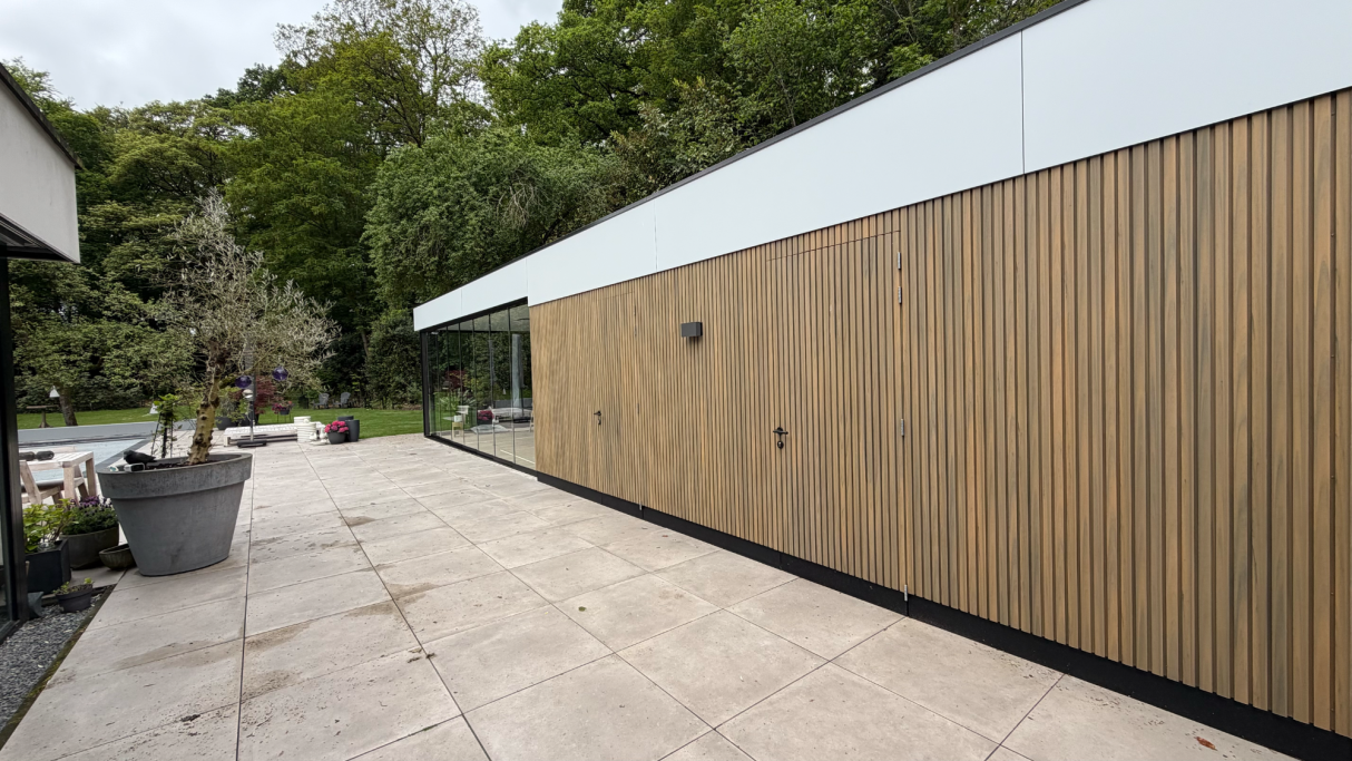 Verticale gevelbekleding met deuren en een witte dakrand bij het poolhouse in Borger.