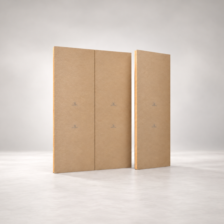 BAS Wall – biobased wandpanelen Drie rechtopstaande BAS Wall-wandpanelen op een lichte achtergrond, waarvan twee aansluitend en één los met zichtbare paneelrand.
