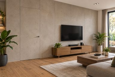 Woonkamer met beige wandpanelen, een geïntegreerde deur en een televisie aan de wand.