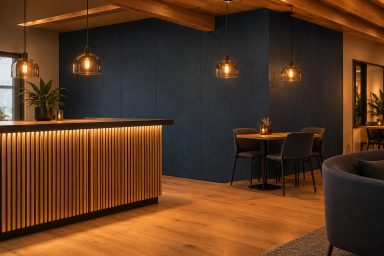 Sfeervolle barhoek met zwarte wandpanelen, een houten bar en warme hanglampen.