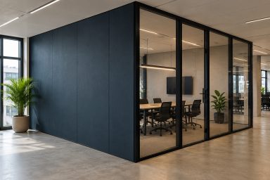 Sfeerimpressie van een vergaderruimte met zwarte wandpanelen en glazen scheidingswand