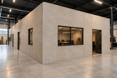 Kantoorruimte met lichte wandpanelen, ramen en een deur binnen een industriële bedrijfshal.
