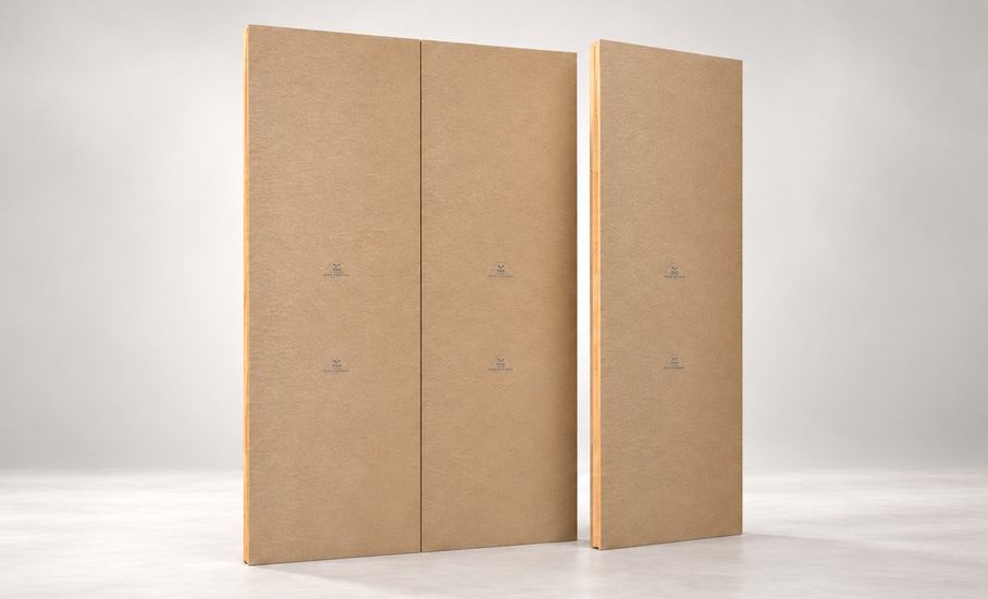 BAS Wall – biobased panelen voor scheidingswanden en voorzetwanden Drie rechtopstaande BAS Wall-wandpanelen, waarvan twee aansluitend en één los, op een lichtgrijze studioachtergrond.