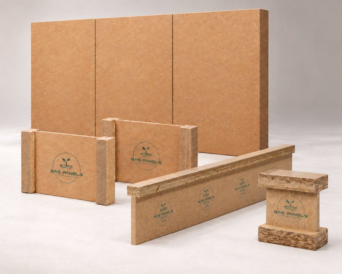 BAS Panels – BAS Wall, I-profielen, I-liggers en T-liggers BAS Panels-producten op een lichte studioachtergrond: BAS Wall-wandpanelen, I-profielen, I-liggers en T-liggers.