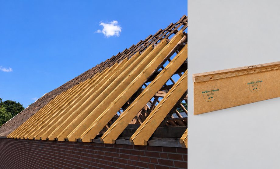 BAS T-liggers – dakrenovatie en productdetail Dakconstructie met BAS T-liggers langs de sporen, naast een detailfoto van een T-ligger op een lichtgrijze achtergrond.