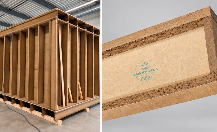 BAS I-profielen – wandconstructie en detail Wandconstructie met BAS I-profielen in een productiehal, naast een detail van de flenzen en lijfplaat.