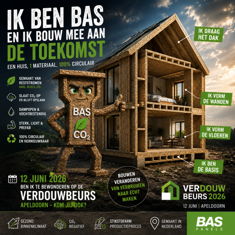 Demonstratiehuis met BAS Panels - Verdouw Beurs 2026 Beursposter van BAS Panels voor de Verdouw Beurs op 12 juni 2026 in Apeldoorn, met BAS-mascotte en een geïllustreerd demonstratiehuis.