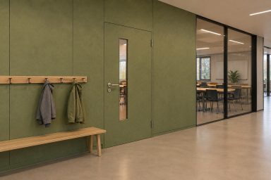 Schoolgang met olijfgroene wandpanelen, een kapstok en een glazen wand naast het klaslokaal